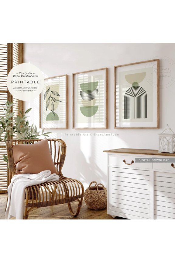 UNFFRAMED Sage Green And Beige Wall Art Set Of 3, Boho Plant Leaves, Geometric Mid Century Modern Decor, Print Jpgs Set 3 Prints 12x18