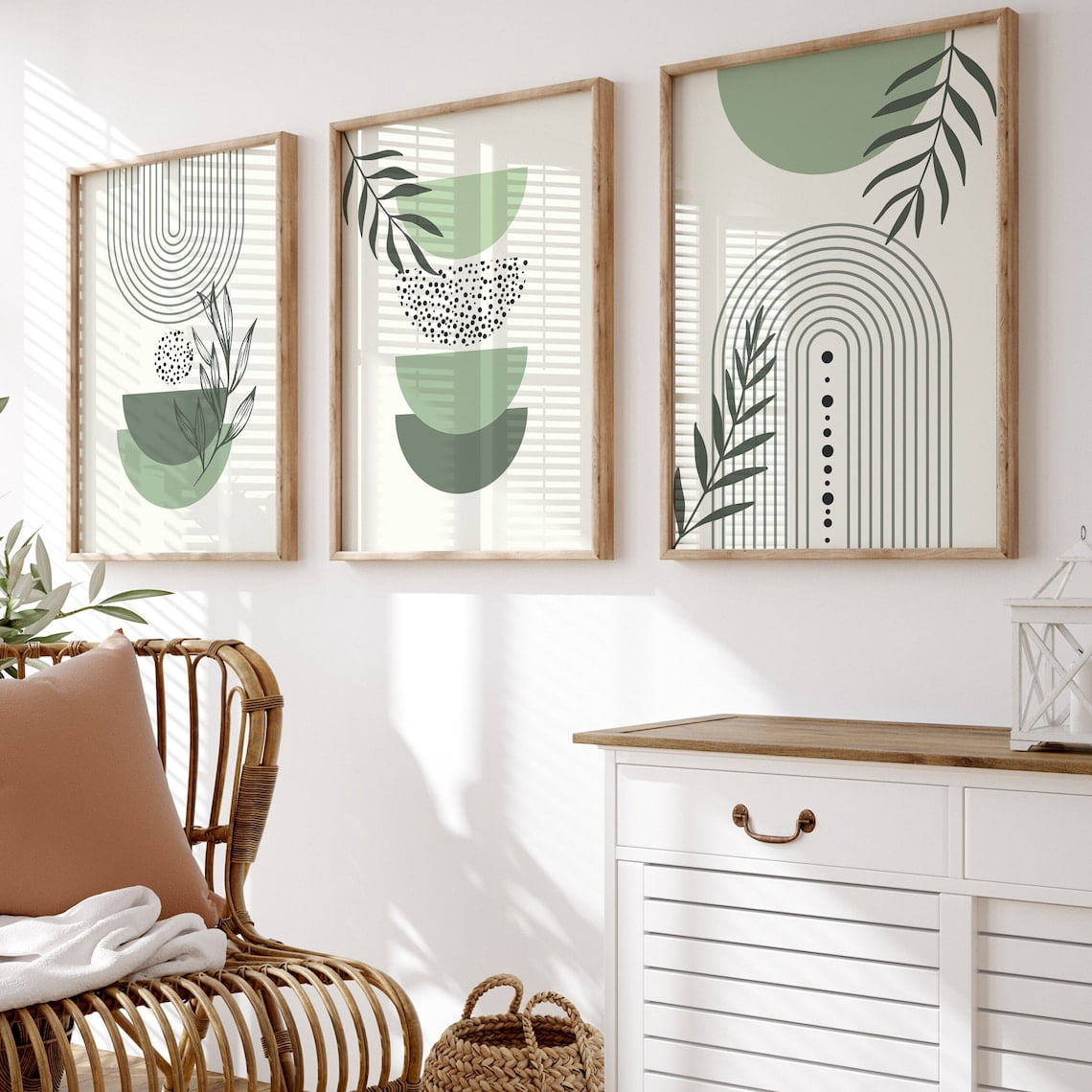 UNFFRAMED Sage Green Boho Wall Art Decor Set Of 3 Prints, Mid Century ...