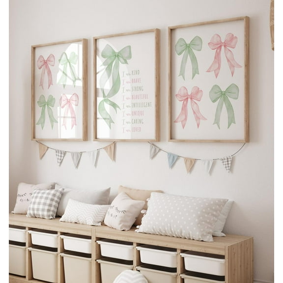 UNFFRAMED Sage Green Bow Affirmation Wall Art, Inspirational Nursery Decor, Set Of 3 24A Set 3 Prints 8x12
