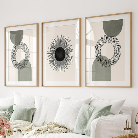 UNFFRAMED Sage Green Geometric Art Prints, Mid-Century Modern Set Of 3 Set 3 Prints 12x18