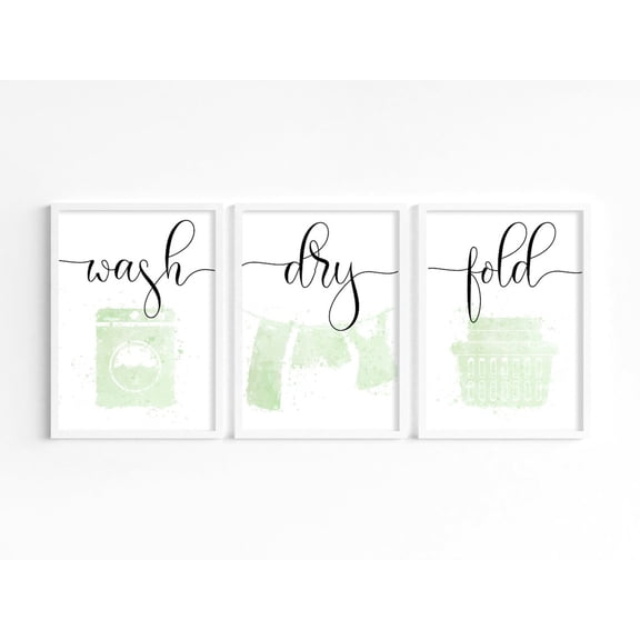 UNFFRAMED Sage Green Laundry Room Posters, Wash Dry Foldet Set 3 Prints 20x30