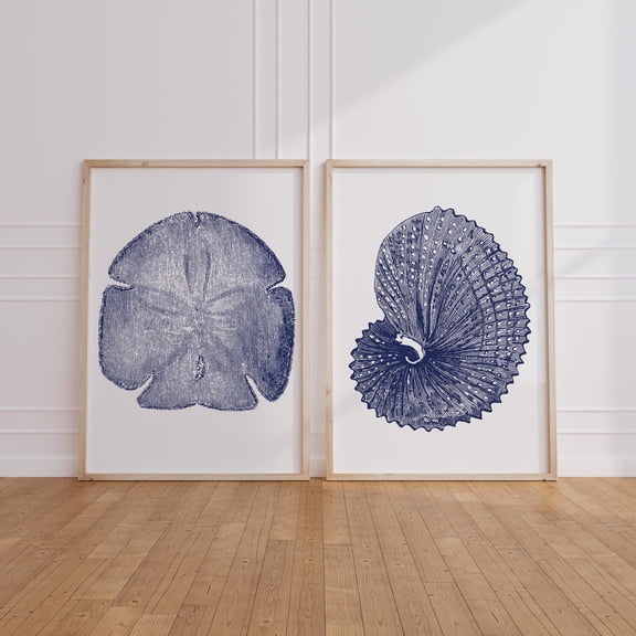 UNFFRAMED Sea Shell Prints, 2 Piece Set, Blue Beach Prints, Sea Shell Print, Sea Urchin Art, Ocean Theme Prints, Nautical Modern, Printable Wall Art Set 2 Prints 16x24