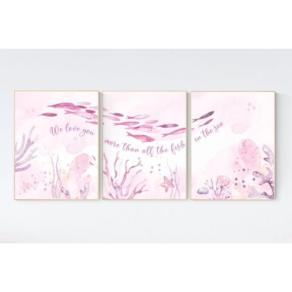 UNFFRAMED Under The Sea Wall Art, Ocean Nursery Decor, Nautical Nursery Print Set, Under The Sea Nursery, Pink And Purple, Ocean, Girls Room Decor #144 Set 3 Prints 8x12