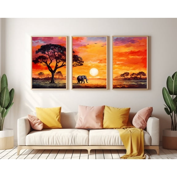 UNFFRAMED Serengeti Sunset Poster Set Of 3, African Elephant Wall Art, Safari Wildlife Poster, Tanzania Landscape Decor, Nature Artwork Set 3 Prints 20x30