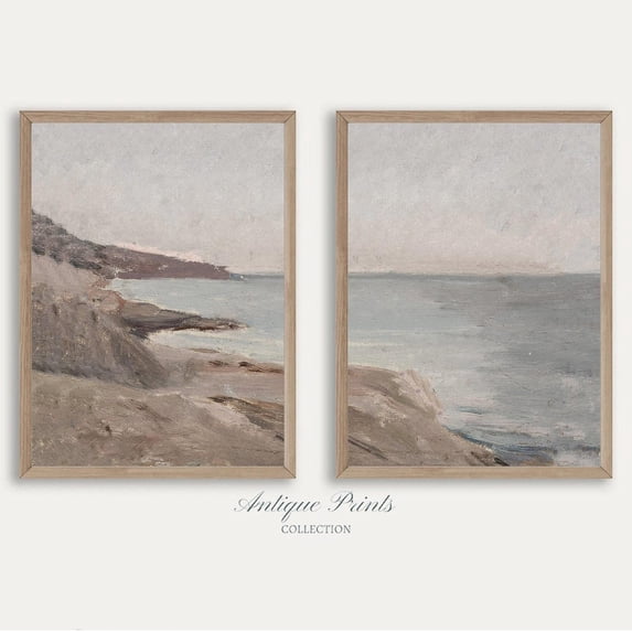 UNFFRAMED Sescape Set Split Posters, Coastal 2 Pieces Vintage Wall Art, Vintage Beach, Antique Beach Cottage Decor Set 2 Prints 12x18