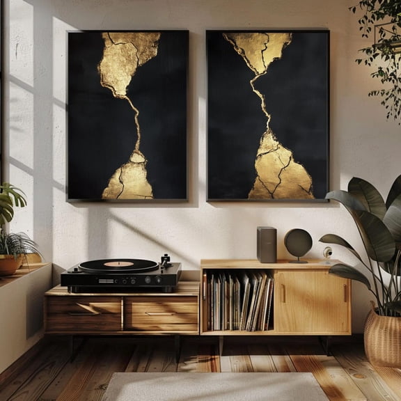 UNFFRAMED Set Of 2 Black And Gold Wall Art, Kintsugi Inspired Poster Diptych, Abstract Luxury Decor For Modern Living Room Or Office Set 2 Prints 16x24