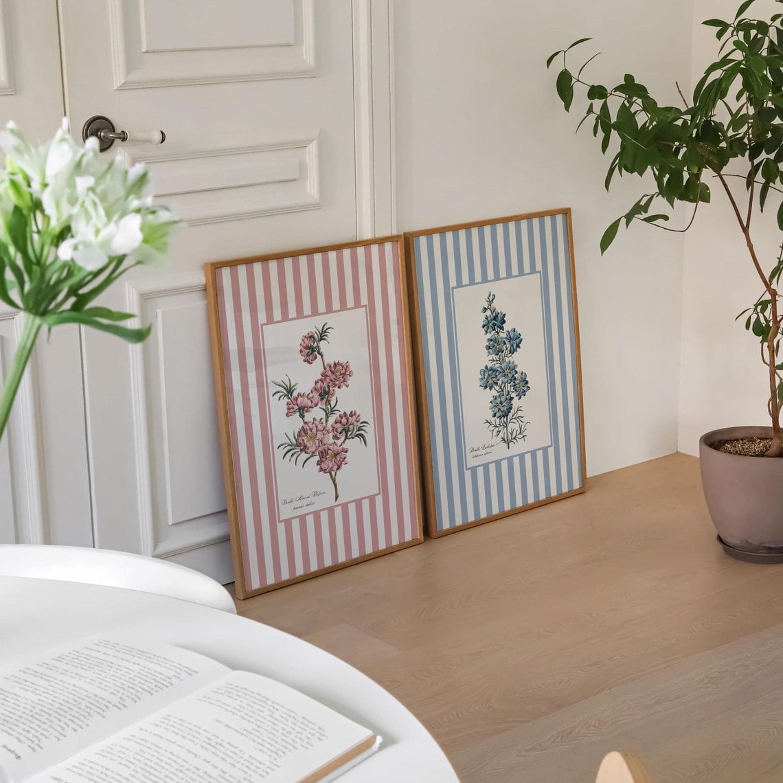 Curated visual reference: Picture Idea: Unfframed Set Of 2 Botanical Striped Wall Art Prints Pastel