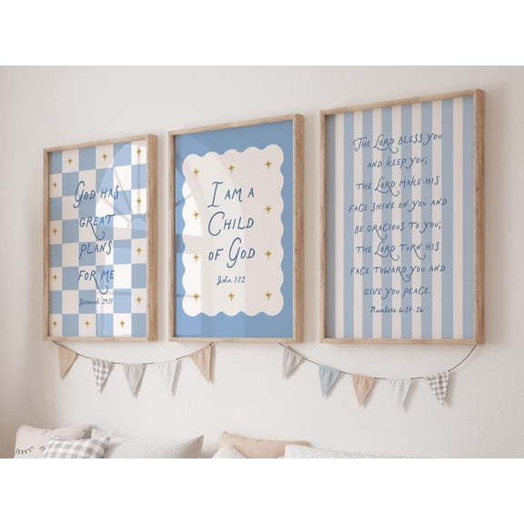 UNFFRAMED Set Of 3 Blue Blue Boys Bible Verse Christian Affirmation Poster For Boy Room God Has Great Plans For Me I Am A Child Of God Poster Set 3 Prints 12x18