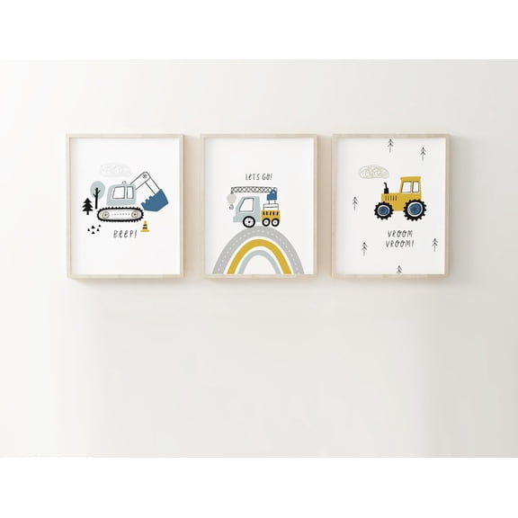UNFFRAMED Set Of 3 Construction Posters, Nursery Car Art, Construction Nursery Decor, Truck Wall Art, Tractor Wall Art, Crane Wall Art, Set Of 3 Set 3 Prints 16x24