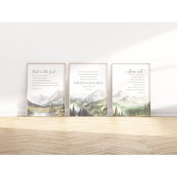 UNFFRAMED Set Of 3 Isaiah 41:10, Joshua 1 9, Proverbs 3 5-6 Bible Verse Wall Art, Modern Christian Landscape Scripture Quote Artwork Poster Set 3 Prints 8x12