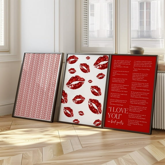 UNFFRAMED Set Of 3 Love Posters, Valentines Wall Art, Kisses Poster, I Love You In Book Quotes Poster, Love Typography, Valentines Day Set 3 Prints 8x12