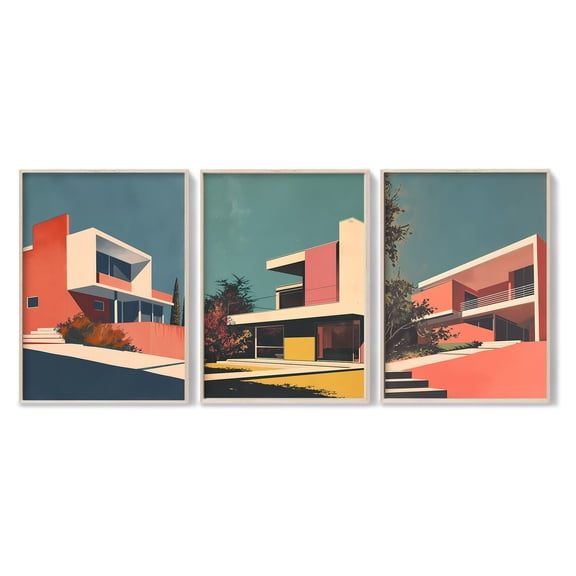 UNFFRAMED Set Of 3 Mid-Century Modern Vintage Art Posters, Modernist Architecture, Retro Modern Art Decor Bundle, Modern House, Geometric Wall Art Set 3 Prints 12x18