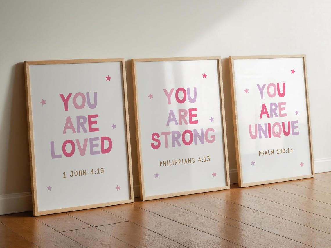 UNFFRAMED Set Of 3 Pink Girly Christian Wall Art Bible Affirmations For