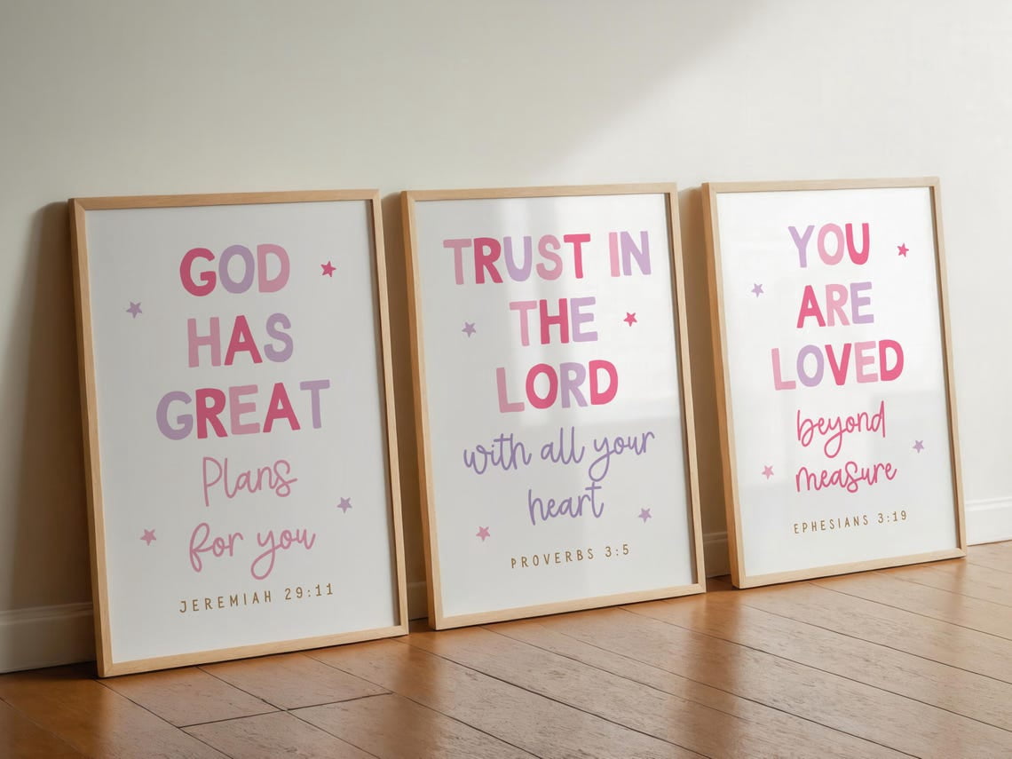 UNFFRAMED Set Of 3 Pink Girly Christian Wall Art Children Bible Verse ...
