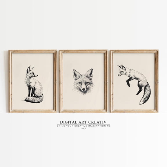 UNFFRAMED Set 3 Vintage Fox Poster Wall Art, 3 Sketches For Rustic Wall Art, Antique Fox Art Set, Farmhouse Fox Posters, Able Art Set 3 Prints 8x12