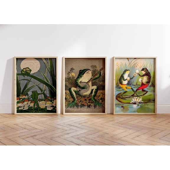 UNFFRAMED Set Of 3 Vintage Frog Prints, Vintage Japanese Wall Art, Frog Poster, Wall Art, Frog Chorus, Frog Playing Banjo, Two Frogs #272 Set 3 Prints 16x24