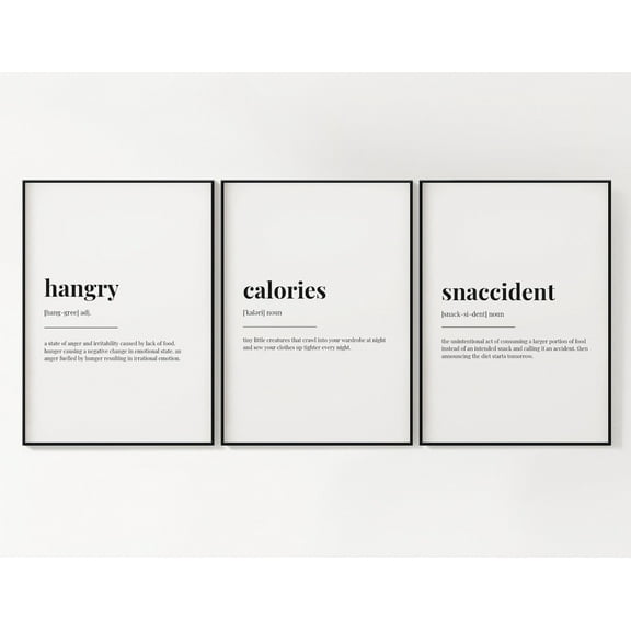 UNFFRAMED Set Of 3 Wall Art, Definition Poster, Kitchen Wall Decor, Hangry, Calories, Snaccident, Set Of Three Posters, Kitchen Art, Housewarming Set 3 Prints 12x18