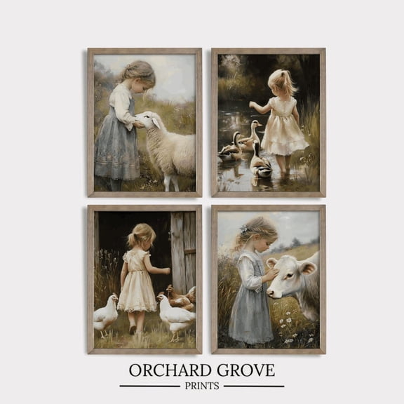 UNFFRAMED Set Of 4 Farm Girl Animal Decor Farm Animal Set Sheep Decor Farm Rustic Gallery Set Rustic Farmhouse Vintage Gallery Set Vintage Child 270 Set 4 Prints 8x12