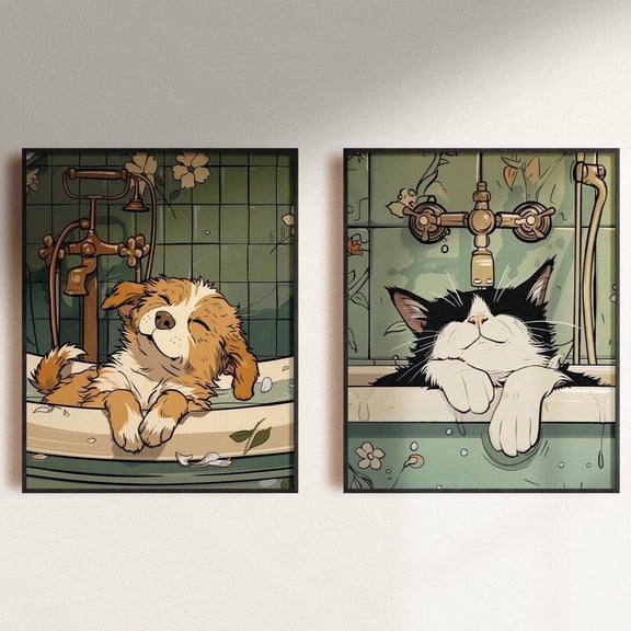 UNFFRAMED Set Cat And Dog Bath Time Bathroom Poster, Cat And Dog Lover Wall Poster, Bathroom Wall Art Poster, Bath Poster Set 2 Prints 20x30