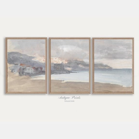 UNFFRAMED Set Coastal, Vintage Neutral Seascape 3 Pieces Wall Art, Antique Mediterranean Split Posters Set 3 Prints 8x12