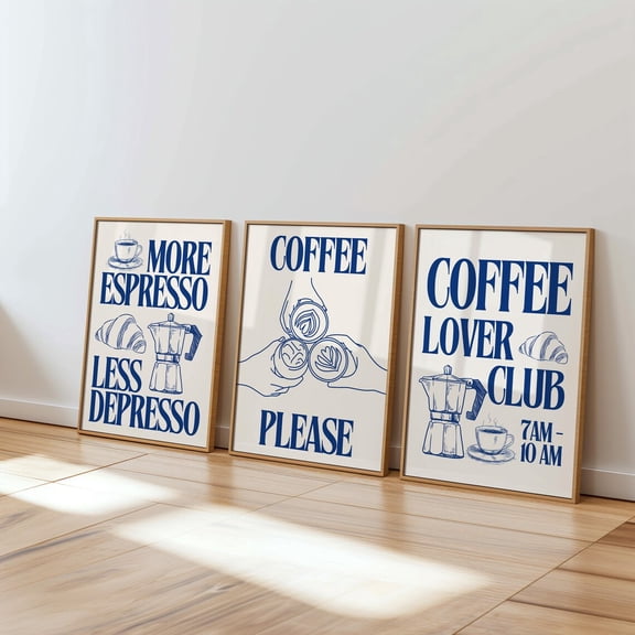 UNFFRAMED Set Coffee Lover Club Wall Art, Blue Retro Coffee Poster, Coffee Cart Poster, Coffee Station Decor, Coffee Lover Art, Coffee Bar Poster Set 3 Prints 8x12