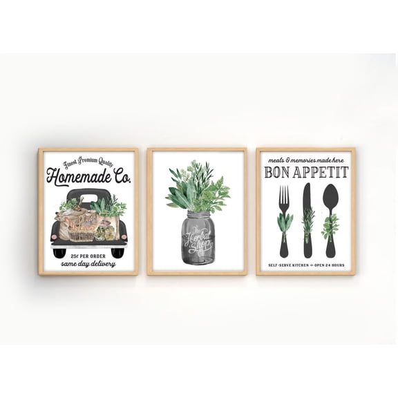 UNFFRAMED Set Homemade Co Kitchen Wall Decor Black Kitchen Wall Art| Bon Appetit Farmhouse Set 3 Prints 8x12