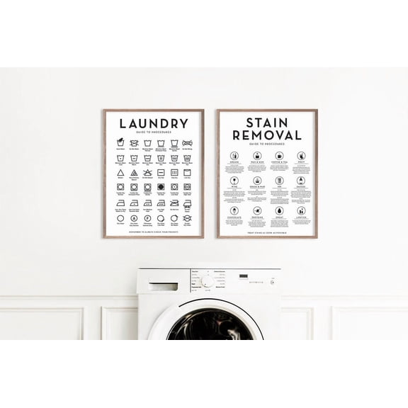 UNFFRAMED Set Laundry Symbols Guide Stain Removal Guide Wall Decor, Laundry Wall Art, Modern Farmhouse Set 2 Prints 16x24