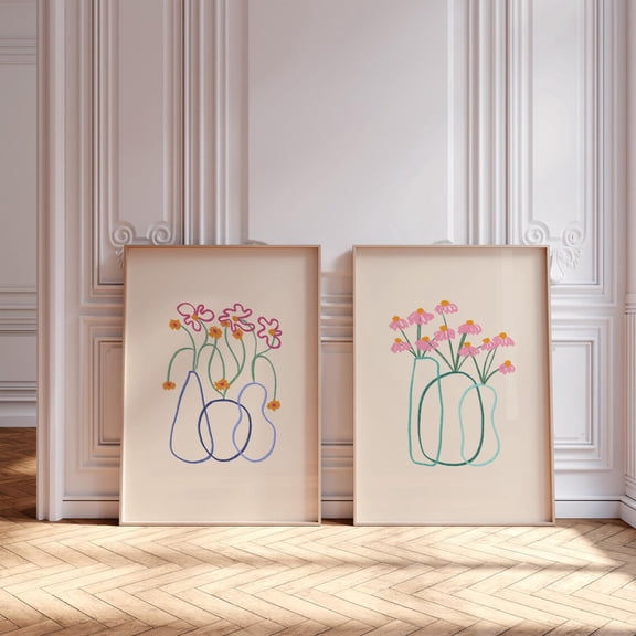 UNFFRAMED Set Line Flower Posters, Bohemian Floral Poster, Retro Flower Duo Poster, Minimalist Set Posters, Pastel Danish Gallery Wall Art Set 2 Prints 12x18