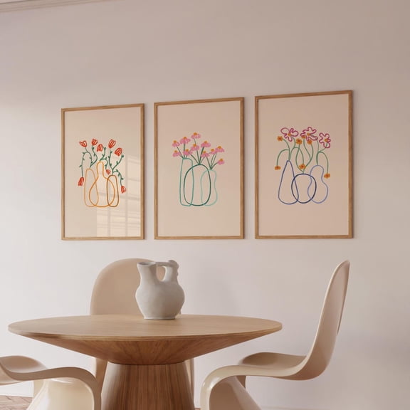 UNFFRAMED Set Line Flower Posters, Bohemian Floral Poster, Retro Flower Duo Poster, Minimalist Set Posters, Pastel Danish Gallery Wall Art Set 3 Prints 20x30