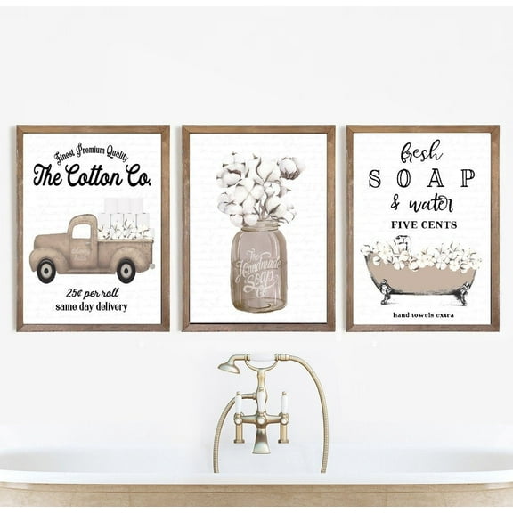 UNFFRAMED Set Natural Cotton Bathroom Wall Art Cotton Co Bathroom Wall Decor, Tan Farmhouse Bathroom Art Set 3 Prints 20x30