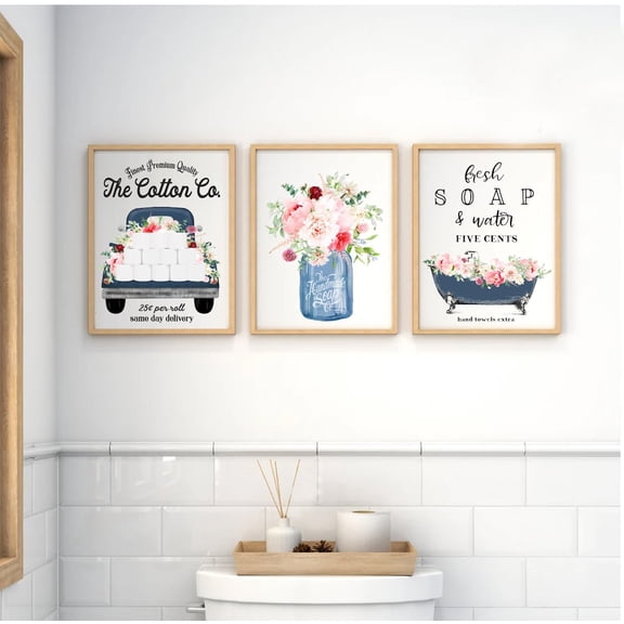 UNFFRAMED Set Navy Blue Wild Garden Bathroom Wall Art Cotton Co Bathroom Wall Decor, Blue Farmhouse Bathroom Set 3 Prints 12x18
