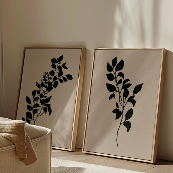 UNFFRAMED Set Of 2 Beige Black Neutral Prints Botanical, Modern Wall Decor Set 2 Prints 8x12