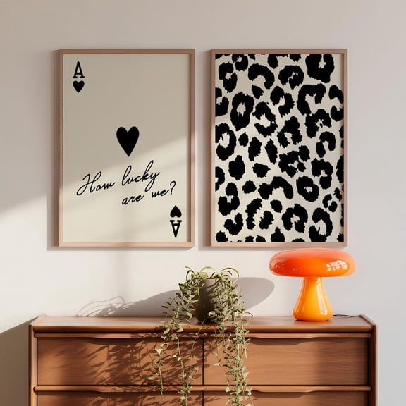 UNFFRAMED Set Of 2 Black And White Wall Art Prints, Minimalist Leopard Print And Lucky Card Quote Posters, Retro Decor Set 2 Prints 16x24