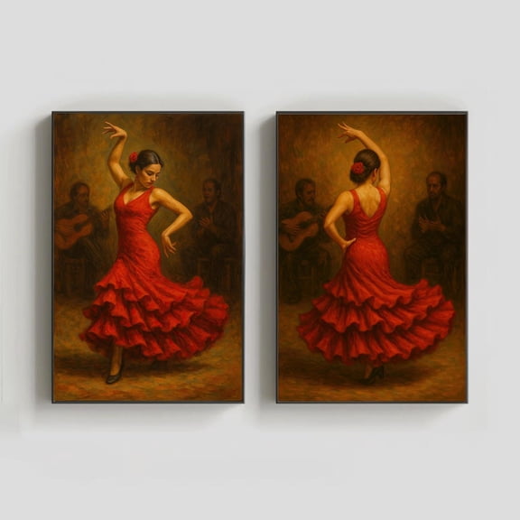 UNFFRAMED Set Of 2 Flamenco Dancer Posters In Red Dress With Spanish Guitarist, Style Wall Decor For Dance And Culture Lovers Set 2 Prints 16x24
