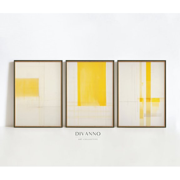 UNFFRAMED Set Of 3 Abstract Neutral Prints, Geometrical Muted Wall Decor, Vintage Yellow Poster Gallery, Retro, Art Print Set 3 Prints 12x18