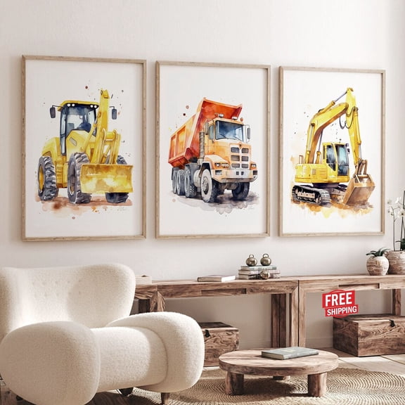 UNFFRAMED Set Of 3 Construction Truck Vehicle Posters For Boy Nursery Decor, And Baby Playroom Wall Decor Cars Wall Art Artwork Set 3 Prints 20x30