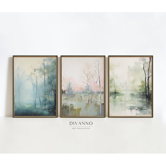 UNFFRAMED Set Of 3 Green Prints, Abstract Muted Wall Decor, Vintage Forest Poster Gallery, Landscape Trees, Nature, Art Print Set 3 Prints 8x12