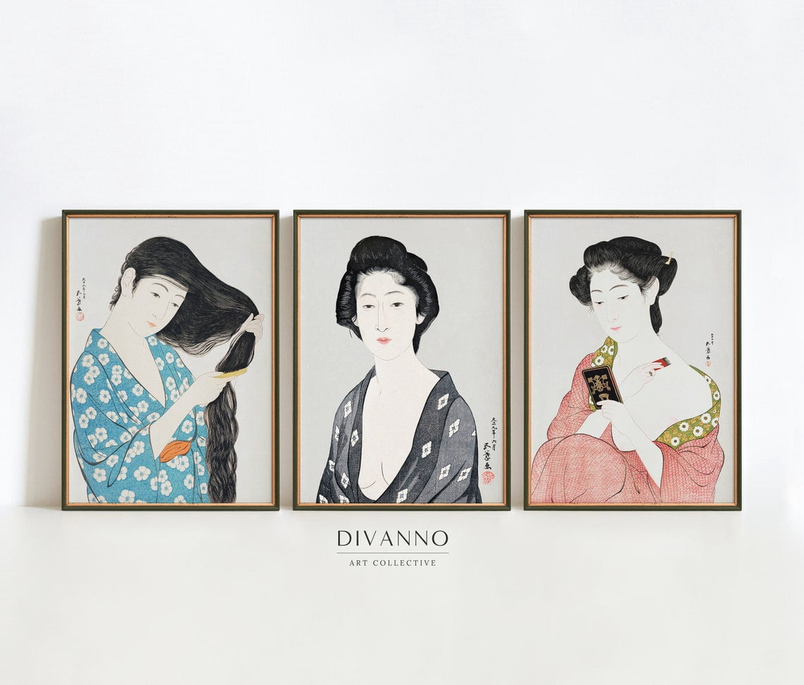 UNFFRAMED Set Of 3 Japanese Art Prints, Kimono Woman Wall Gallery ...