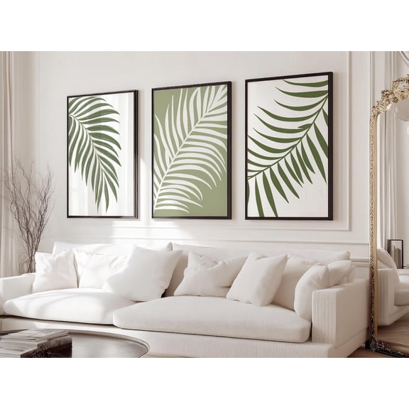 UNFFRAMED Set Of 3 Minimalist Sage Green Boho Posters Palm Leaves, Botanical Set 3 Prints 20x30