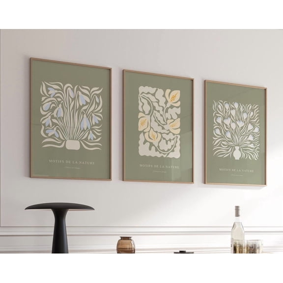UNFFRAMED Set Of 3 Sage Green Boho Botanical Floral, Botanical, Modern Wall Decor Set 3 Prints 12x18