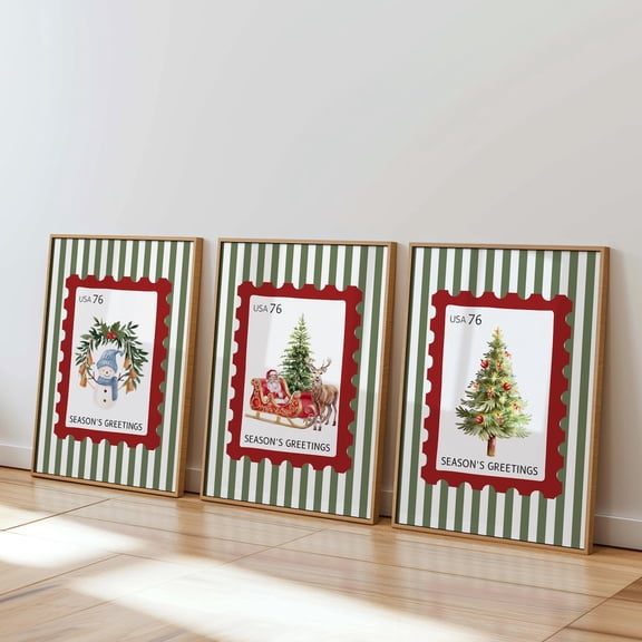 UNFFRAMED Set Of 3 Stamp Tree Snowman Wall Art, Winter Festiveposters Set 3 Prints 20x30