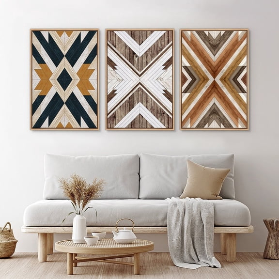 UNFFRAMED Set Of 3 Western Wall Art Prints Abstract Wood Panel Geometric Art Printed Boho Modern Wall Art Living Room Decor Set 3 Prints 16x24