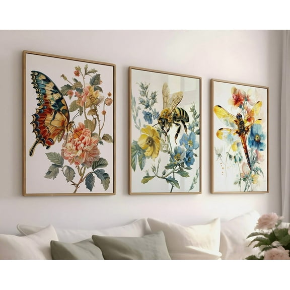 Luvia Set Of 3Pring Floral Inserts Print, Bee Butterfly Dragonfly Farmhouse,, Botanical Fine Art Poster, Modern Wall Decor Set 3 Prints 8x12 UNFRAMED