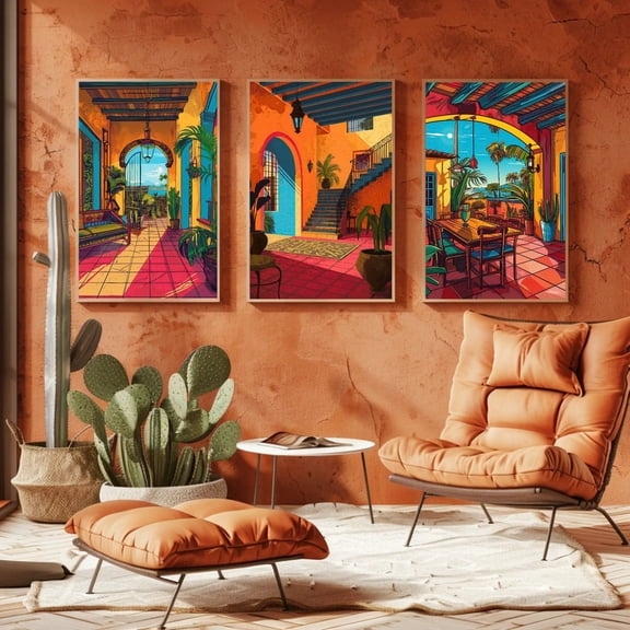 UNFFRAMED Set Of Three Mexican Villa Art, Vibrant Mexican Wall Decor, Mexican Home Kitchen Decor, Mexican Wall Art Ready To Hang Set 3 Prints 12x18
