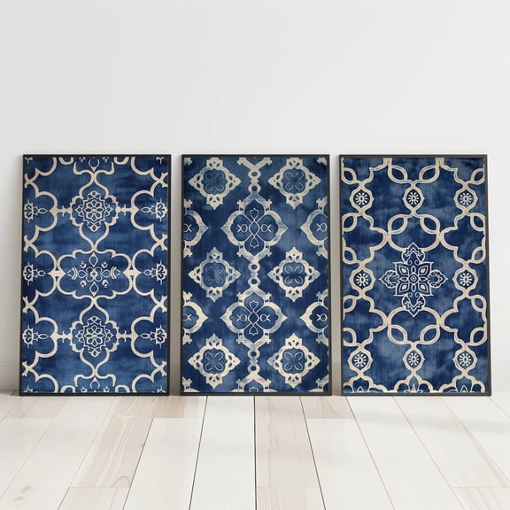 UNFFRAMED Set Of Three Navy Blue Moroccan Tastir Design Art, Moroccan Wall Decor, Morocco Home Decor, Ready To Hang Set 3 Prints 12x18