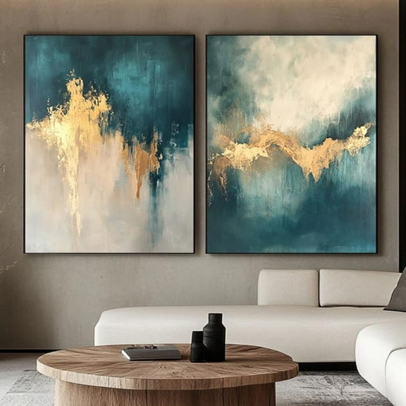 Luvia Set Of Two Abstract Art, Blue Green Art, Wabi- Sabi, Blue, Textured Poster, Goldoriginal Handmade Art, Modern Wall Decor Set 2 Prints 16x24 UNFRAMED