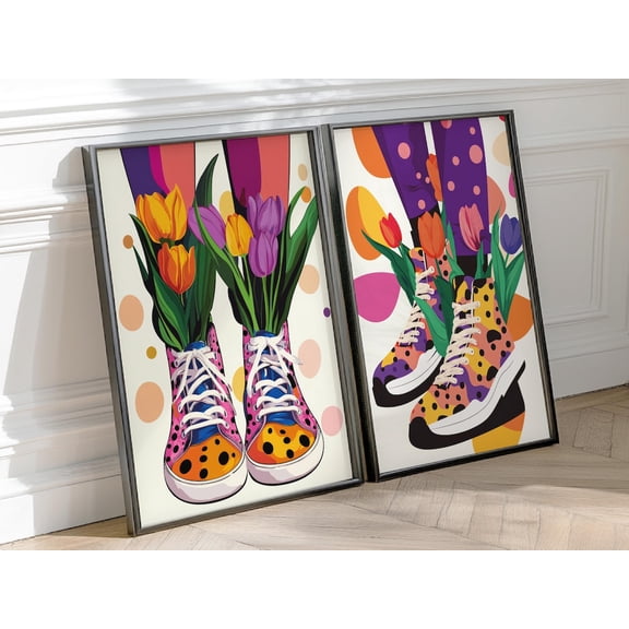 UNFFRAMED Set Of Two Bright Graphic Posters With Tulips, Spring Bright Colors Set 2 Prints 20x30