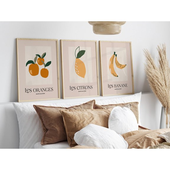 UNFFRAMED Set Posters Kitchen Posters, Abstract Fruit Market Wall Art, Beige Les Citrons French Art. Lemon Oranges Banana Posters Set 3 Prints 16x24
