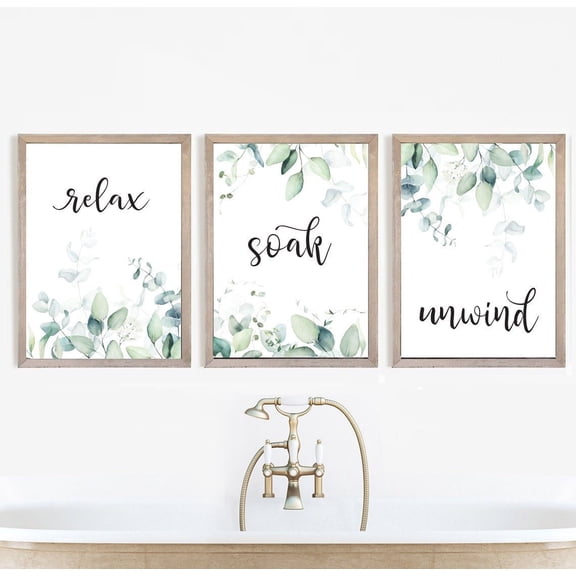 UNFFRAMED Set Relax Soak Unwind Eucalyptus Bathroom Wall Art, Vintage Bathroom Wall Decor, Spa Decor Set 3 Prints 8x12