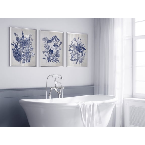 UNFFRAMED Set Vintage Navy Floral Bathroom Wall Art, Bathroom Wall Decor, Blue Navy Vintage Bathroom Decor Set 3 Prints 16x24